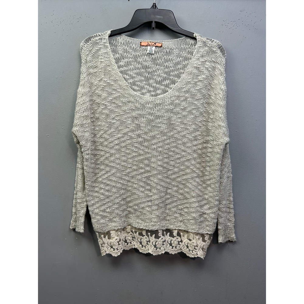 So It Is Sweater Womens Small Ivory Lace Trim V-Neck Open Knit Pullover Neutral